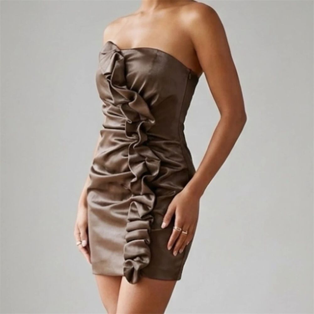 GUNNE SAX JESSICA MCCLINTOC DRESS Womens Sz 5 METALLIC STRAPLESS RUCHED EVENING